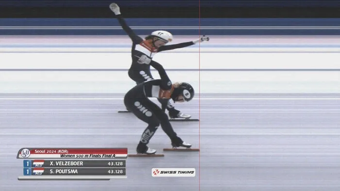 Short Track Skaters Finish So Closely Together That It's Impossible To Pick A Winner. They End Up Sharing The Gold