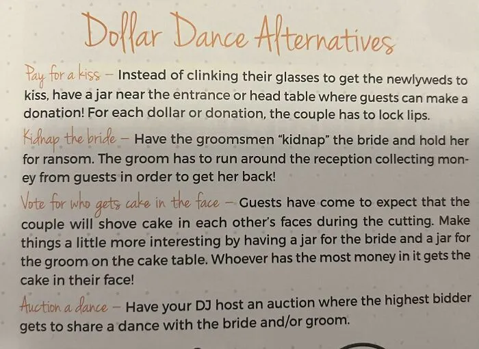 Wedding dollar dance alternatives list with humorous and interactive ideas for guests during the reception.