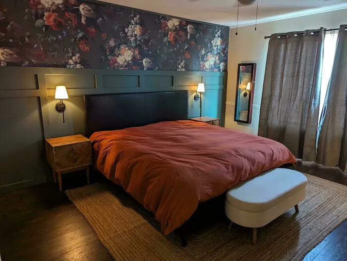 Just Finished Our Bedroom Last Night! Started Dec 26 With Blank White Walls And Grey Carpet. The Pillows Are Missing But I Just Wanted To Show Off My Hard Work