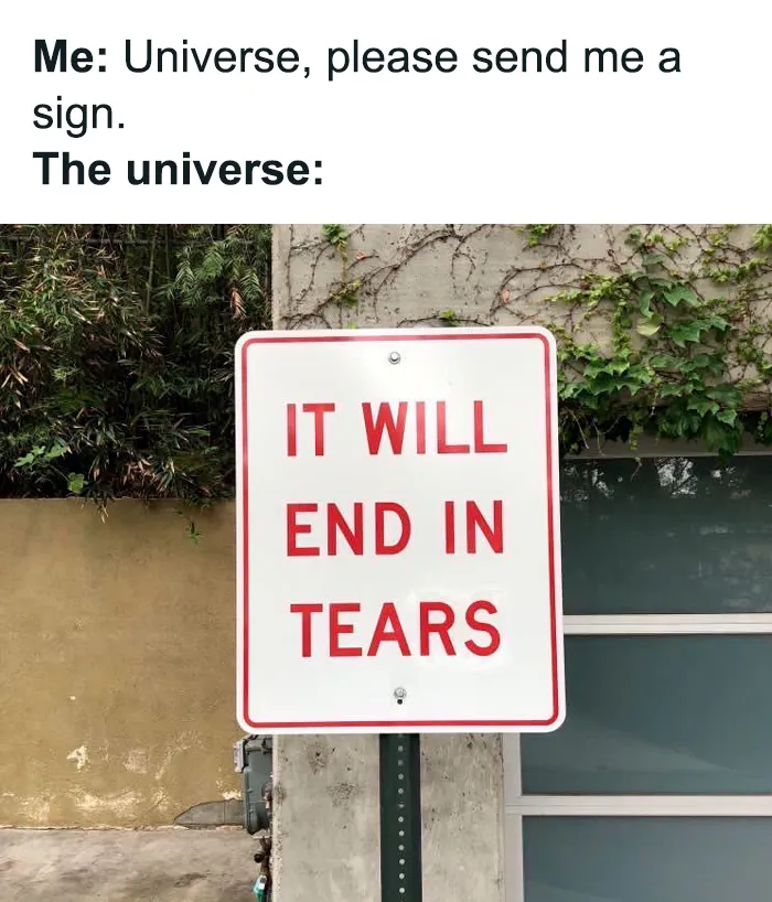 Funny mental health meme with a street sign reading "It will end in tears" in a garden setting.