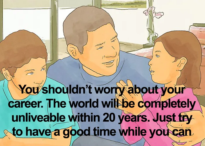 Family discussing a relatable mental health meme about career worries and enjoying life.
