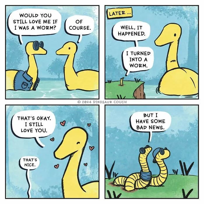 A Dinosaur Couch comic illustrating a dinosaur turning into a worm, depicting themes of love and exploring complex emotions.