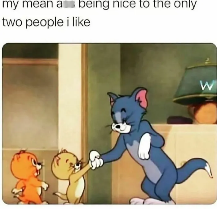 Cartoon cat shaking hands with two small mice, illustrating a winning introverts meme about liking only a few people.
