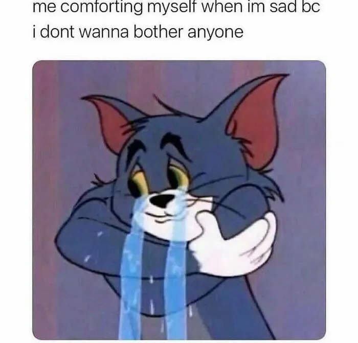 Cartoon cat hugging itself and crying, representing relatable moments of introverts comforting themselves when feeling sad.