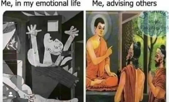 Funny mental health meme comparing chaotic self with calm advisor.