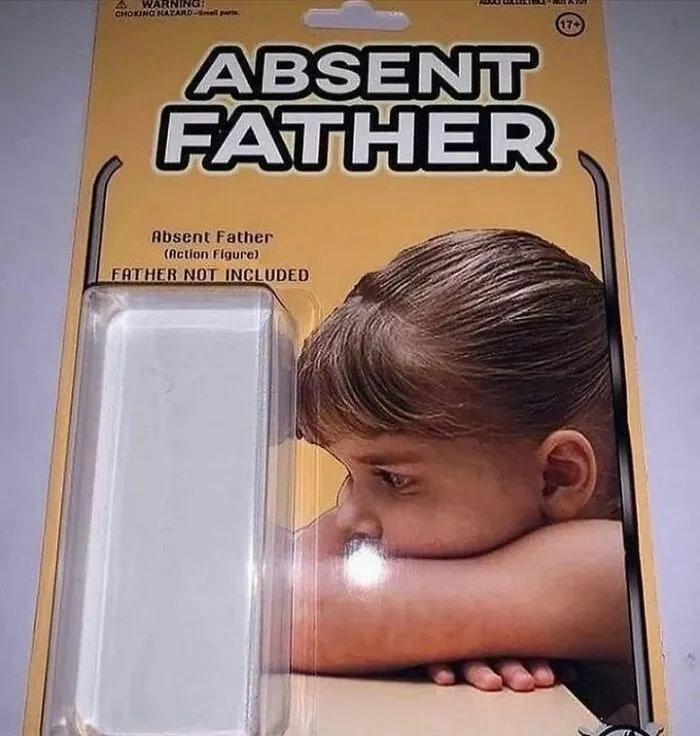 Toy packaging labeled "Absent Father," featuring sad child, humorously highlighting mental health.