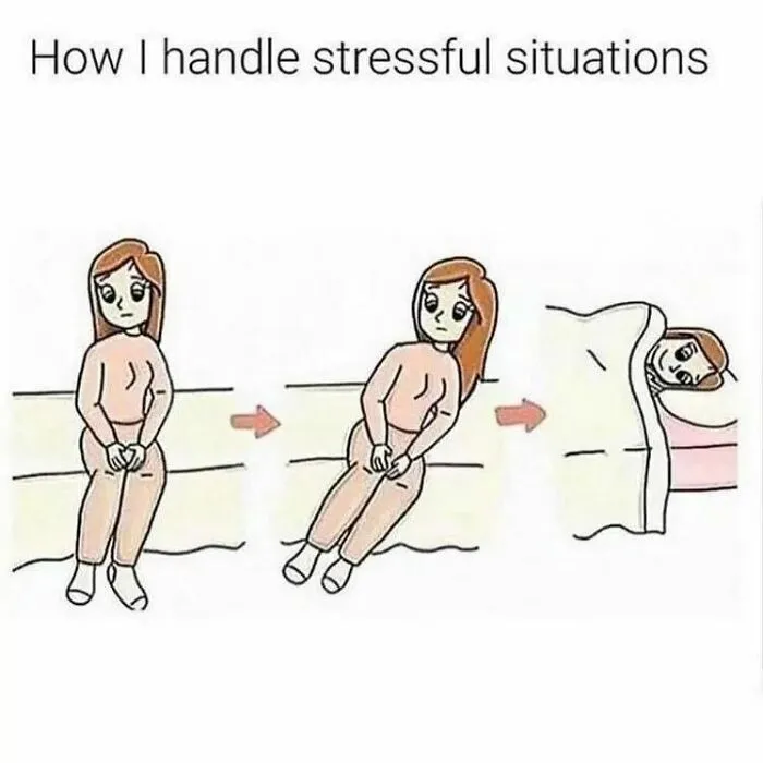 Comic of a woman handling stress by curling into bed, representing relatable mental health challenges humorously.