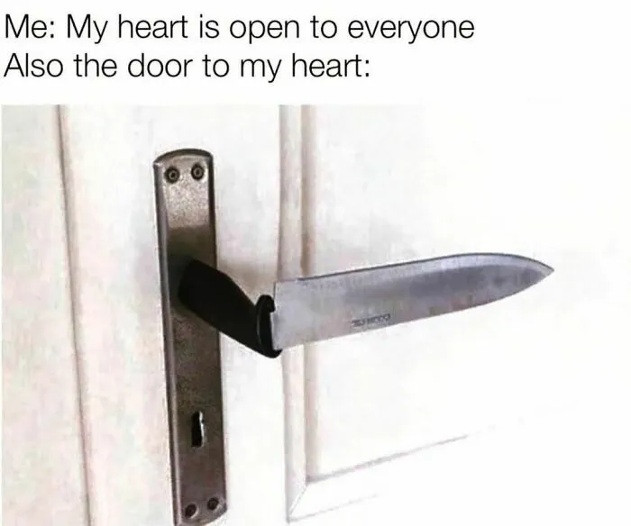 Knife used as a door handle to illustrate relatable introvert humor about guarded emotions and personal boundaries.