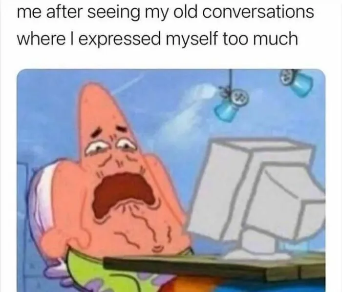A cartoon character looking distressed while reading old messages on a computer, capturing a relatable mental health meme.