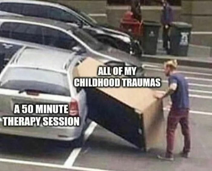 Man struggles to fit a large box labeled "childhood traumas" into a car labeled "50 minute therapy session," capturing mental health humor.