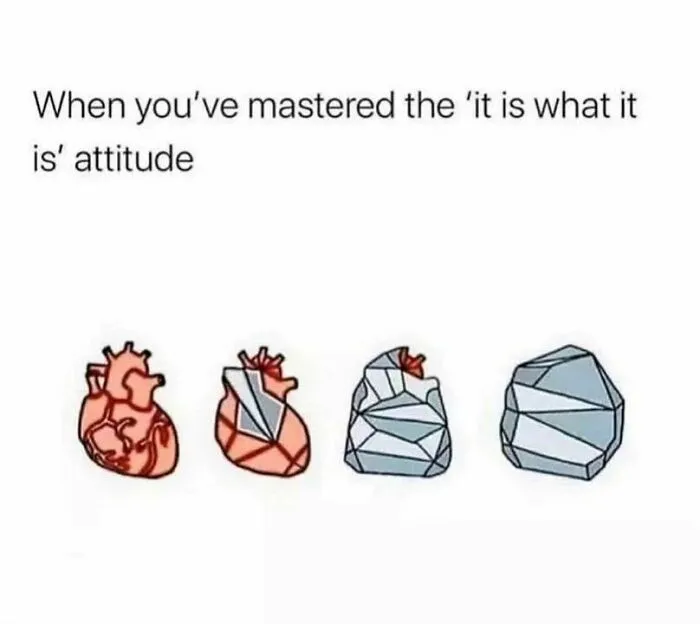 Progression of a heart turning to stone, illustrating a relatable mental health meme.