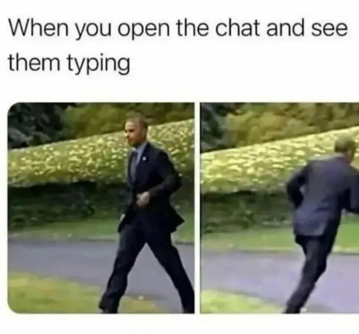 Man in suit awkwardly walking and then running away outdoors, illustrating relatable introvert meme about chat anxiety.