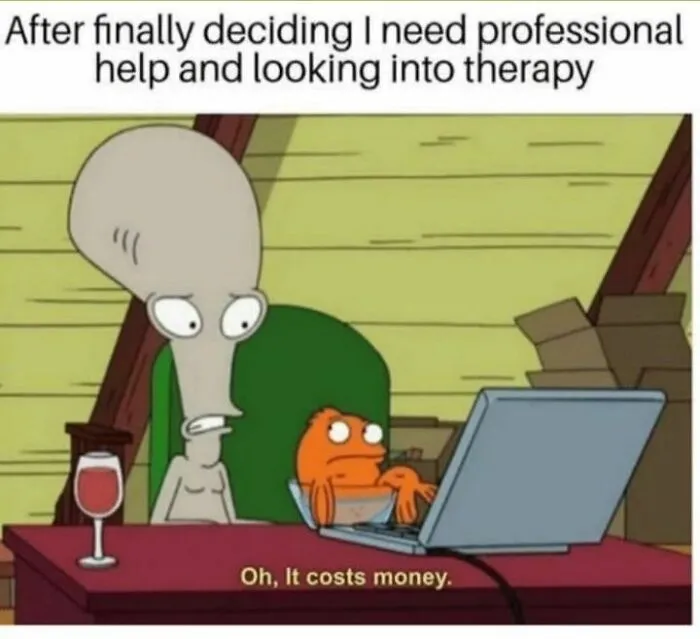 Animated characters expressing surprise at therapy costs, reflecting relatable mental health humor.