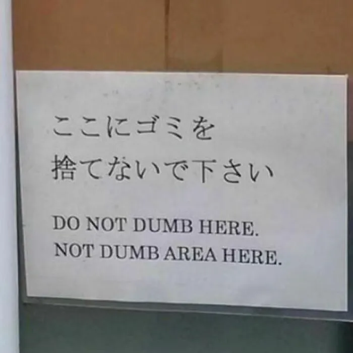Sign with humorous English translation: "Do not dumb here. Not dumb area here." Relatable mental health meme.