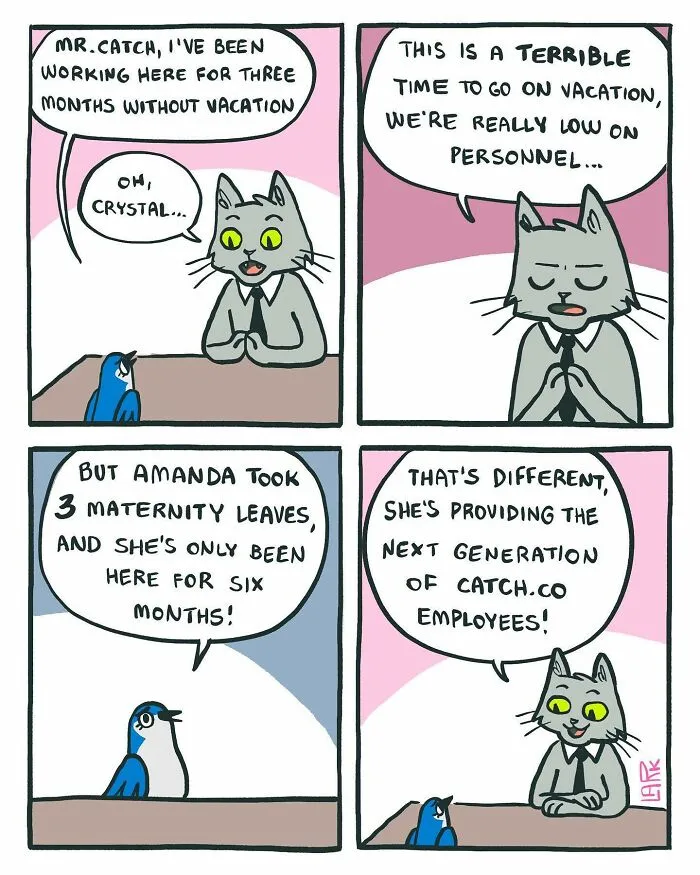 Corporate Comedy: 37 Comics About A Workplace Where Birds Work For A Cat Boss, By This Artist (New Pics)