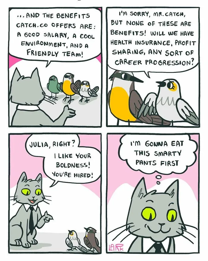 Corporate Comedy: 37 Comics About A Workplace Where Birds Work For A Cat Boss, By This Artist (New Pics)