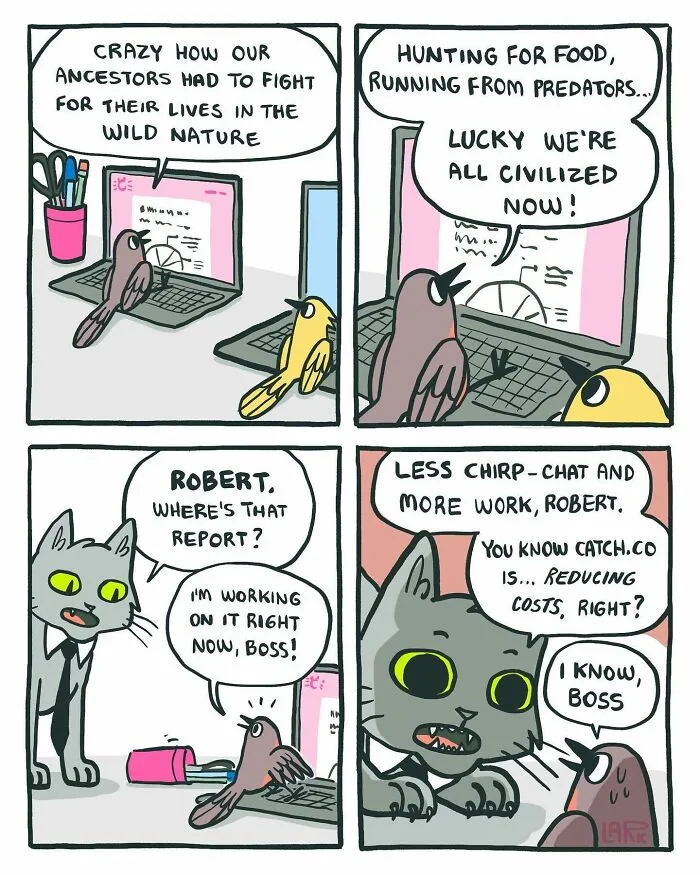 Corporate Comedy: 37 Comics About A Workplace Where Birds Work For A Cat Boss, By This Artist (New Pics)