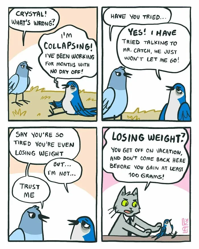 Corporate Comedy: 37 Comics About A Workplace Where Birds Work For A Cat Boss, By This Artist (New Pics)