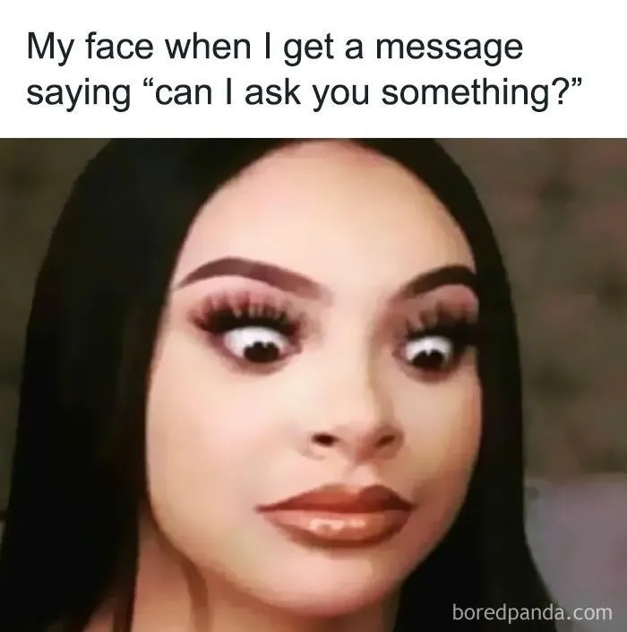 Close-up of a woman with wide eyes and raised eyebrows showing a painfully relatable winning introverts meme reaction.