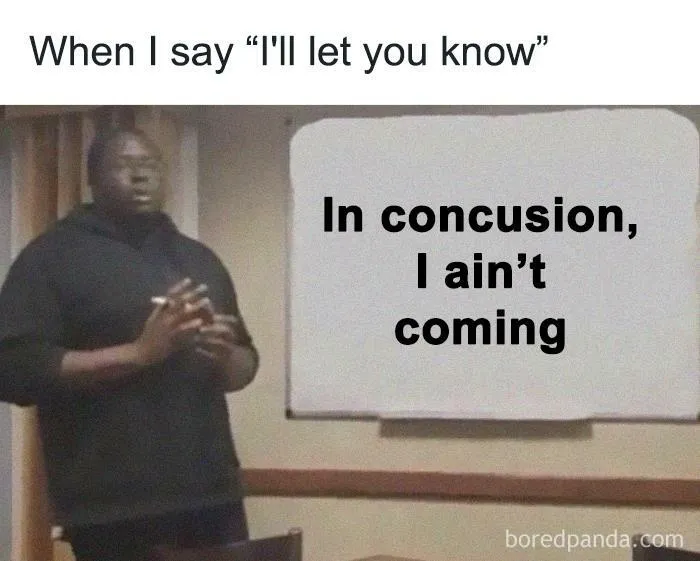 Man presenting a meme slide humorously illustrating introvert reluctance with a text about not attending events.