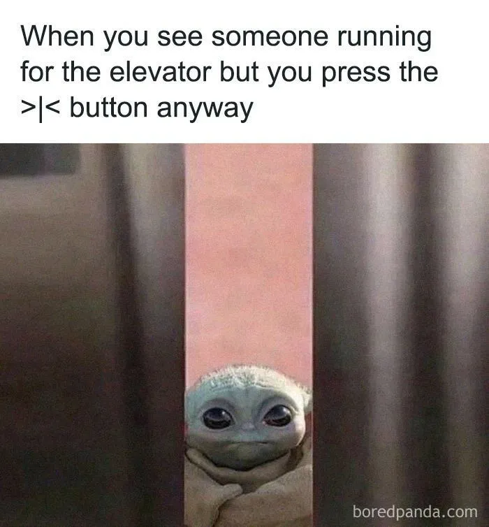 Cute character peeking between elevator doors, illustrating a winning introverts meme about elevator button pressing.