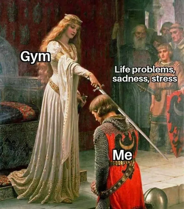 Medieval knight meme with "Gym" as a lady knighting "Me," solving "Life problems, sadness, stress." Best gym meme humor.