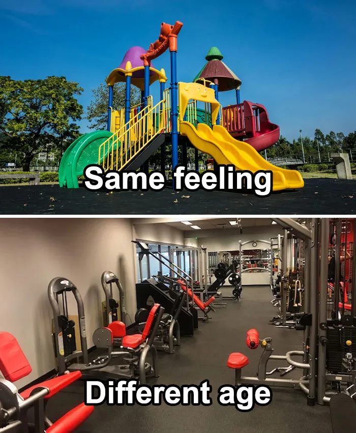 Colorful playground and modern gym equipment with captions highlighting nostalgia and fitness humor from gym memes.