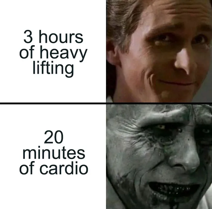 Gym meme showing contrast between heavy lifting and cardio with humorous facial expressions.