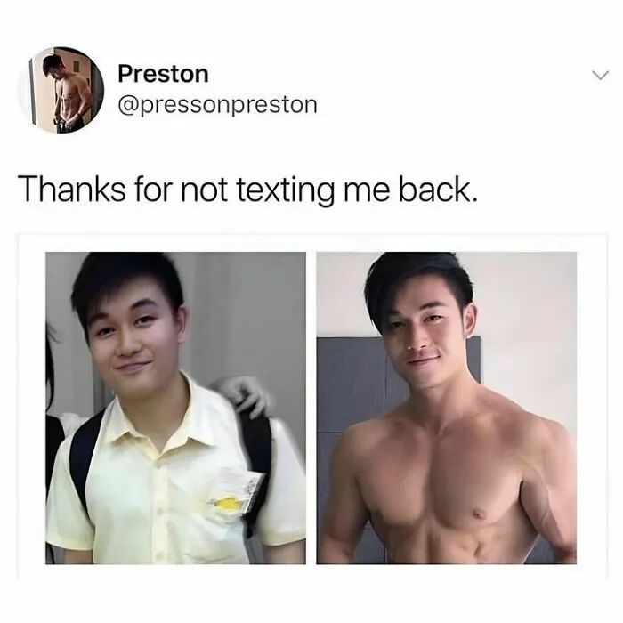 Comparison gym meme showing transformation from a young person with a backpack to a muscular man.