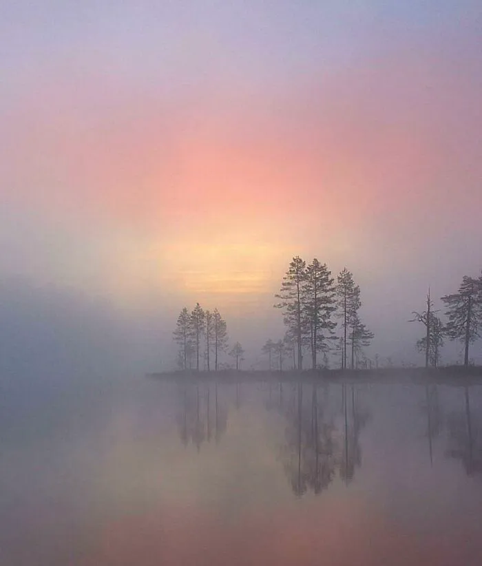 Amanecer con niebla en Finlandia