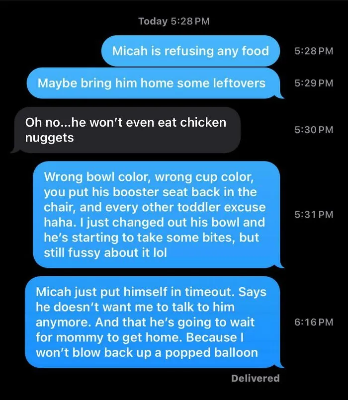 Text message conversation showing a dad dealing with a fussy toddler, capturing funny and wholesome dad moments.