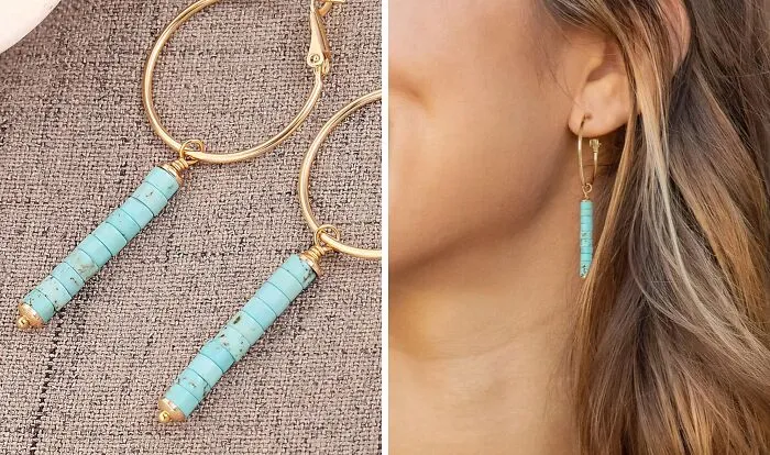 Basic Golden Hoop Gets A Much Needed Upgrade Thanks To This Set Of <span Style="Font:inherit;color:#d74b1f;"> Beaded Turquoise Earrings </Span>