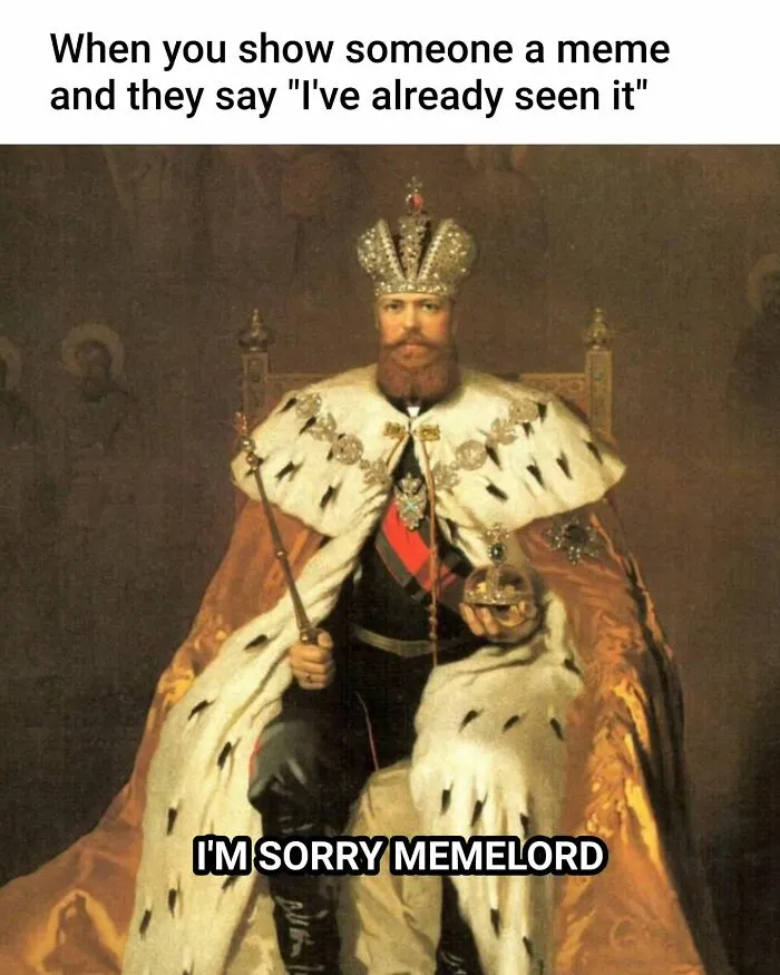 A painting of a king in ceremonial robes on a throne, suitable for hilarious art memes.