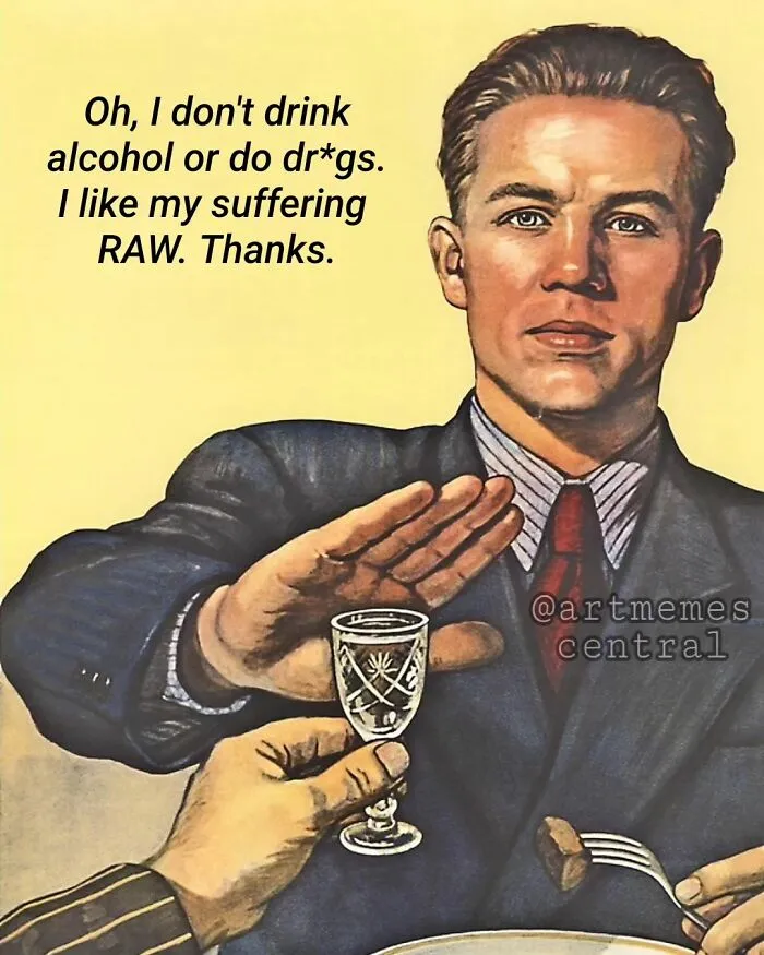 A vintage illustration of a man refusing a drink, perfect for comical art memes.