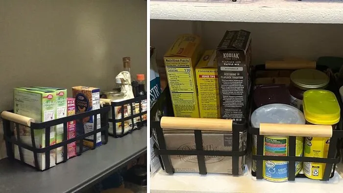 Storage baskets holding pantry items to reinvent fridge and pantry organization.
