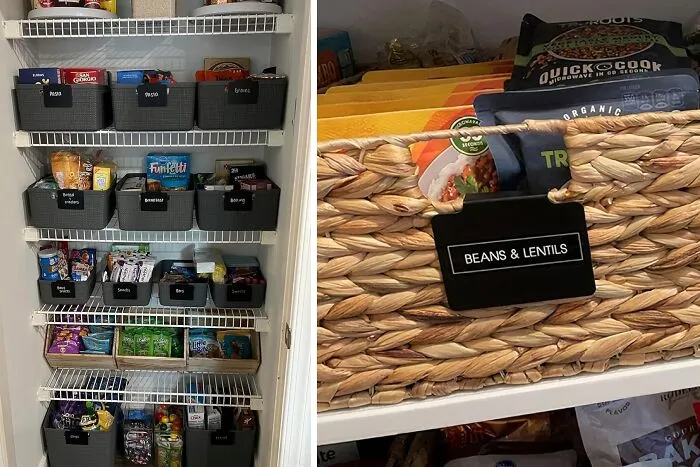 Organized pantry with labeled baskets and a fridge shelf holding a basket for improved storage efficiency.
