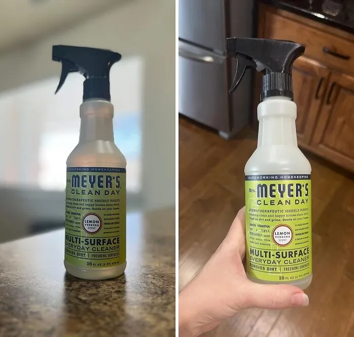 Mrs. Meyer's multi-surface cleaner in a kitchen setting, perfect for reinventing your pantry organization.