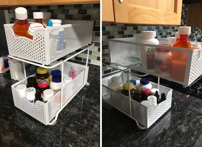 This <span Style="Font:inherit;color:#d74b1f;"> Two Tier Sliding Basket Organizer </Span> Will Clear Up Your Counters In A Flash
