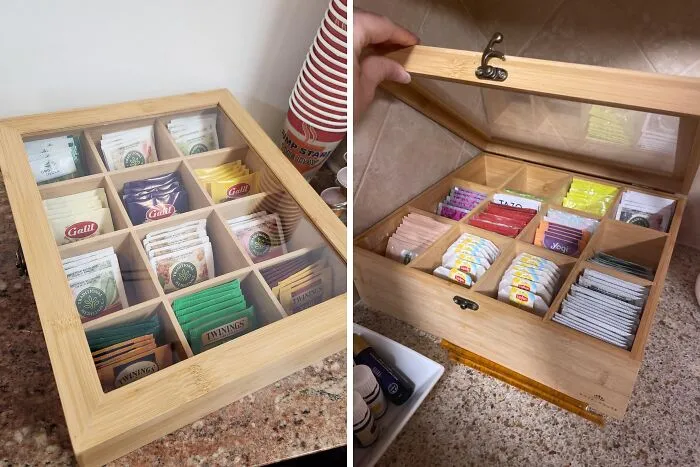 Tea storage boxes on a countertop, neatly organizing tea bags to reinvent your pantry.