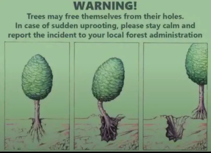 Cartoon warning of trees uprooting themselves, depicting a tree gradually pulling its roots out of the ground.