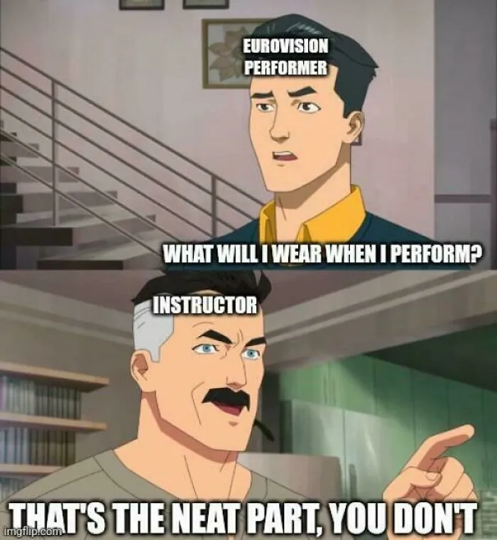 Cartoon characters joking about clothing options for the Eurovision Song Contest.