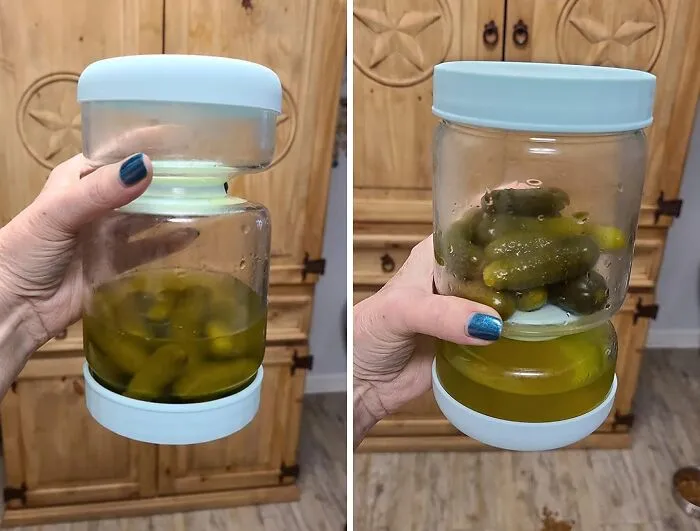 Jar with pickles and liquid uses a simple product to reinvent fridge storage.