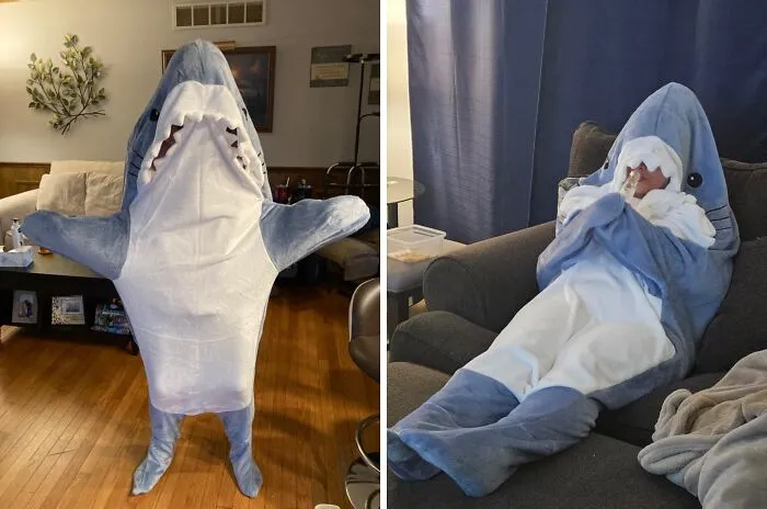 Make Your Left Shark Fantasy Come True With This<span Style="Font:inherit;color:#d74b1f;"> Shark Blanket Hoodie Onesie  </Span>