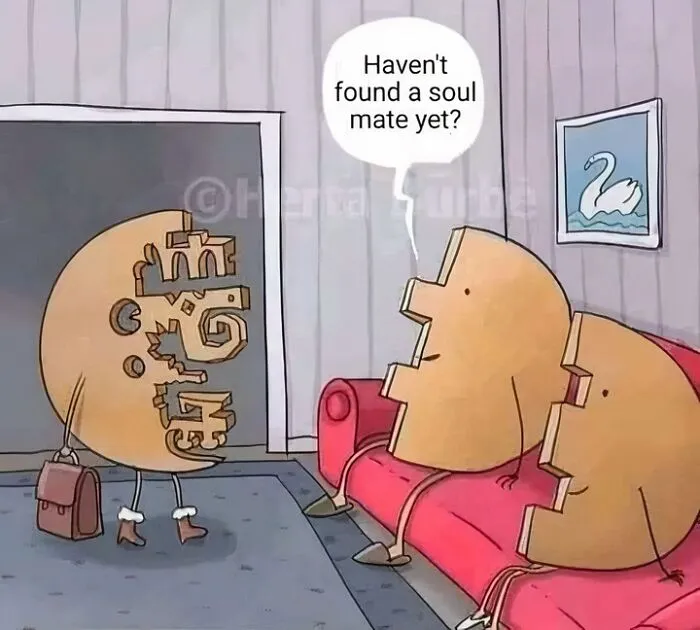 Cartoon of puzzle piece family on a couch, discussing soulmate.