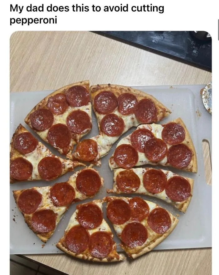 Pepperoni pizza slices rearranged humorously to avoid cutting the pepperoni, capturing a funny family moment.