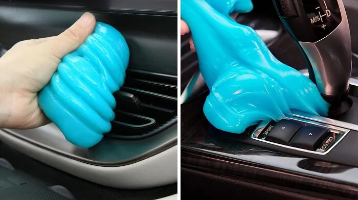 Blue cleaning gel being used to clean car vents and console, a practical last minute Father's Day gift for car enthusiasts.