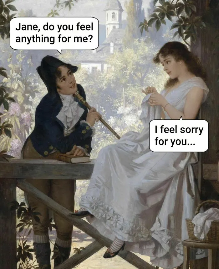 Two people in historical attire create a funny meme using great works of art, exchanging humorous dialogue.
