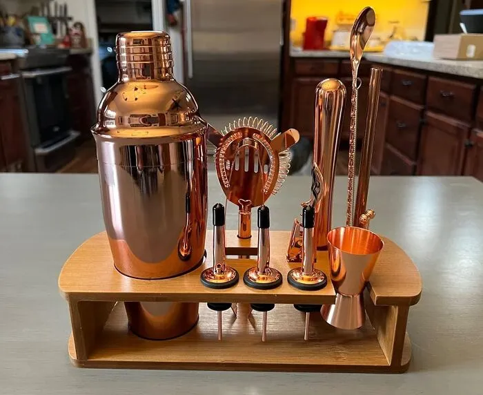 A rose gold cocktail shaker set, a great last minute Father's Day gift for dads who love to mix drinks.