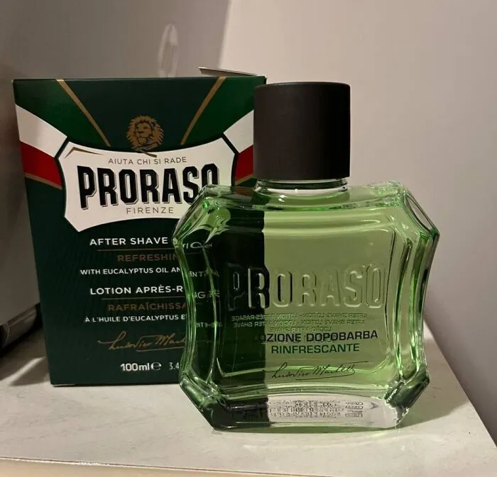 A bottle of Proraso aftershave, a perfect last-minute Father's Day gift for grooming.