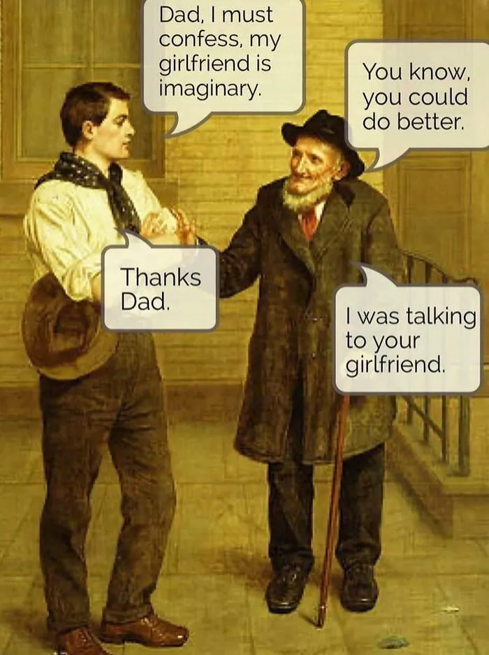 Old-fashioned painting with humorous speech bubbles joking about family and an imaginary girlfriend.